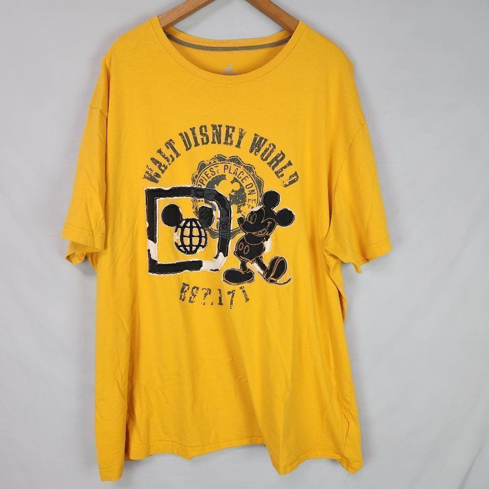 Walt Disney World Mickey Mouse Embroidered Patches Distressed T Shirt XXL Gold